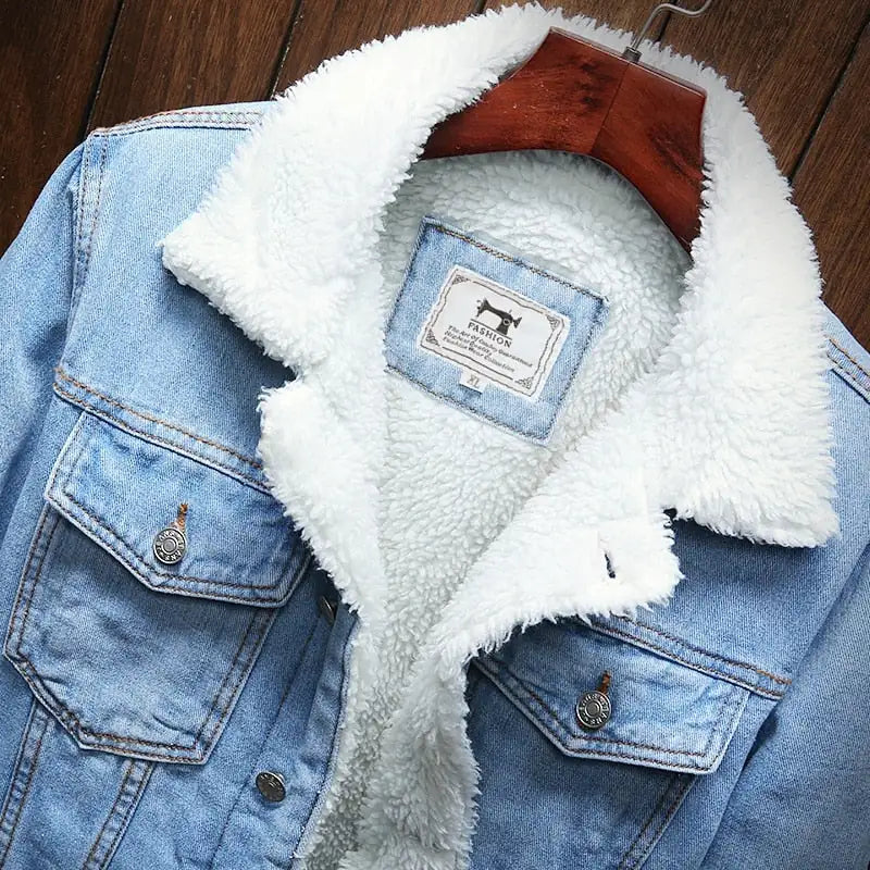 Men Light Blue Winter Jean Jackets Outerwear Warm Denim Coats New Men